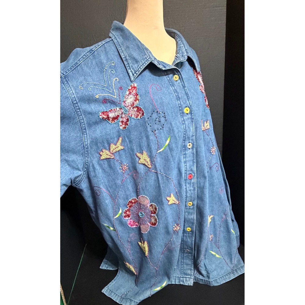 Butterfly Sequin Beaded Embellished Floral Quacker Factory Womens 2X Denim Shirt - Picture 2 of 8